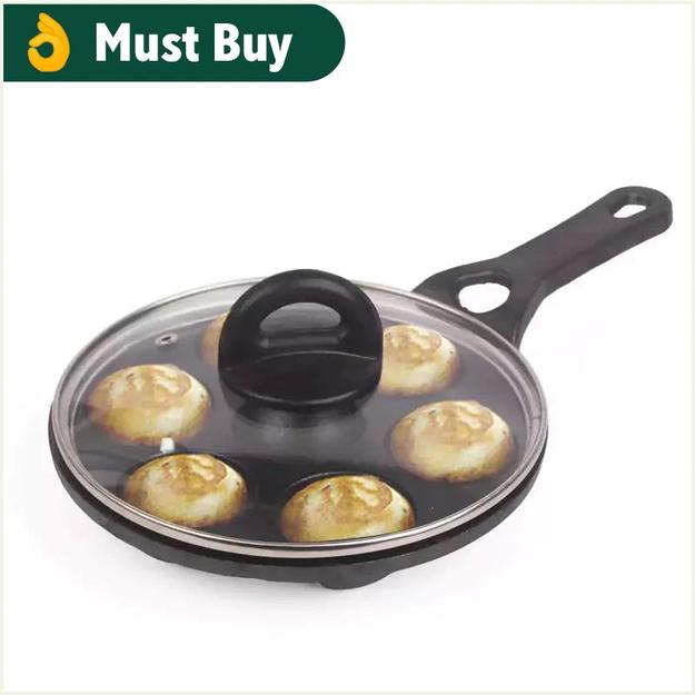 7 Pit/Cup CASTrong Cast Iron Paniyaram/Appe Pan+ Glass Lid, Pre-seasoned, Nonstick, 100% Pure, Toxin-free, 21 cm, 1.9 kg