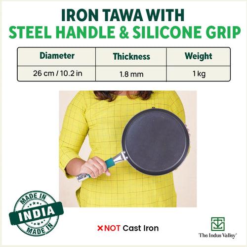 Ironklad 100% Pure Sheet Iron Tawa, Steel Cool Touch Handle & Silicone Grip, Pre-seasoned, Toxin-free, Induction, 26 cm, 1 Kg