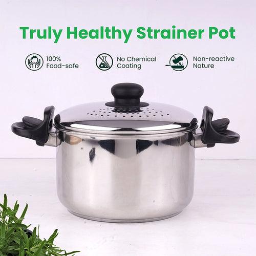 Tri-steel Stainless Steel Strainer Pot with Lockable Bakelite Handles |  Sandwich bottom  | Noodle Pot with Strainer Lid | Pasta Pot | Rice Strainer Pot 1.08 Kg / 19cm