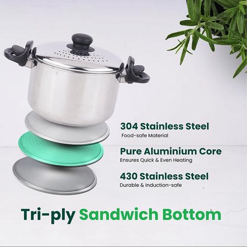 Tri-steel Stainless Steel Strainer Pot with Lockable Bakelite Handles |  Sandwich bottom  | Noodle Pot with Strainer Lid | Pasta Pot | Rice Strainer Pot 1.08 Kg / 19cm