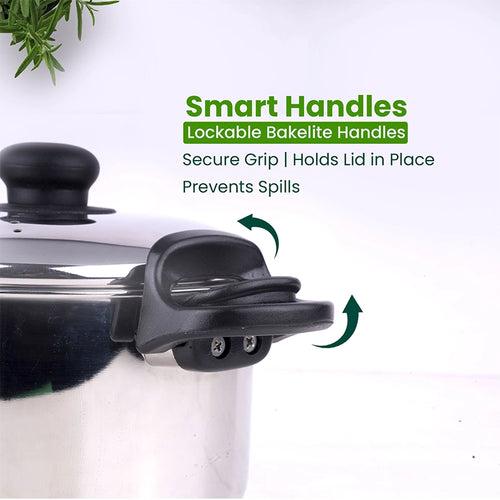 Tri-steel Stainless Steel Strainer Pot with Lockable Bakelite Handles |  Sandwich bottom  | Noodle Pot with Strainer Lid | Pasta Pot | Rice Strainer Pot 1.08 Kg / 19cm