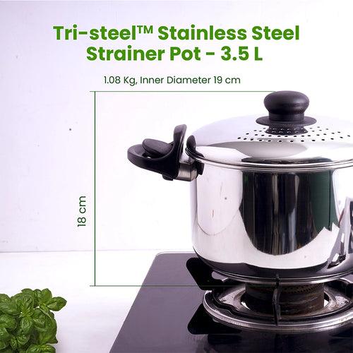 Tri-steel Stainless Steel Strainer Pot with Lockable Bakelite Handles |  Sandwich bottom  | Noodle Pot with Strainer Lid | Pasta Pot | Rice Strainer Pot 1.08 Kg / 19cm