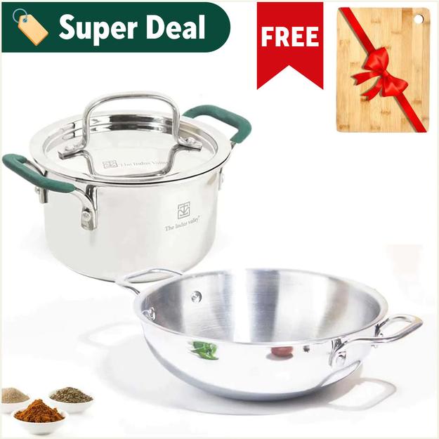 TurboCuk Tri-ply Stainless Steel Cokware Set: Free ₹600 Wooden Board+ Kadai+ Biryani Pot, Premium Quality, 3 Layer Thick Body, 100% Toxin-free, Non-stick, Induction & Gas