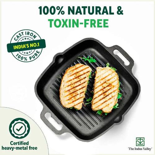 CASTrong Cast Iron Grill Pan, 2 Handles, Pre-seasoned, 100% Pure, Toxin-free, Induction, 33.6cm ,3.4 kg