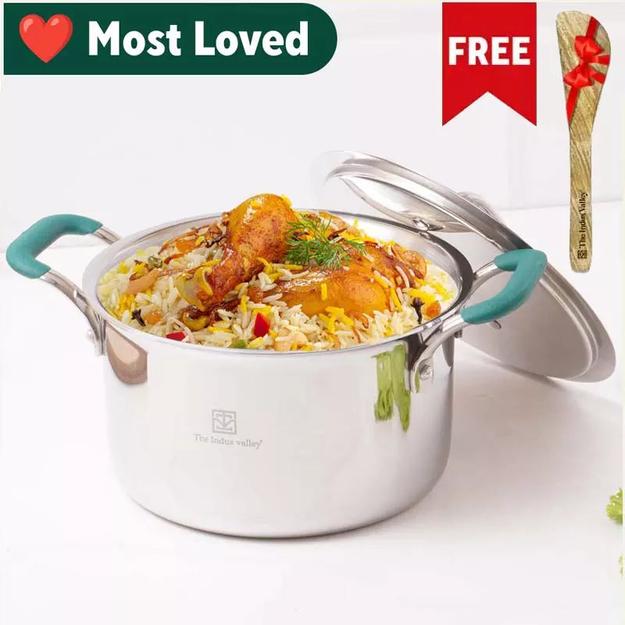 TurboCuk Tri-ply Stainless Steel Biryani Cooking Pot/Casserole+ Free ₹110 Spatula, Premium Quality, 3 Layer Thick Body, Cool Silicone Handles, 100% Toxin-free, Non-stick, Induction & Gas, 2.9L