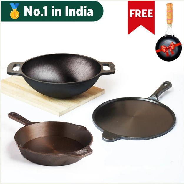 Super Smooth Cast Iron Set: Free ₹400 Tadka Pan+ Kadai+ Tawa+ Frypan, Kitchen set for Home, Nonstick, 100% Pure,Toxin-free