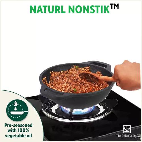 CASTrong Cast Iron Kadai, Flat Handle,Pre-seasoned, Nonstick, 100% Pure, Toxin-free, 20.5/25.6cm, 1.4L/2.4L, 1.8kg/2.5kg