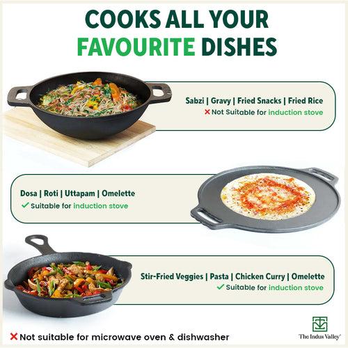 CASTrong Cast Iron Cookware Set:Free ₹400 TadkaPan+Tawa+Kadai+Fry Pan, Kitchen set for Home, Pre-seasoned,100% Pure,Toxin-free