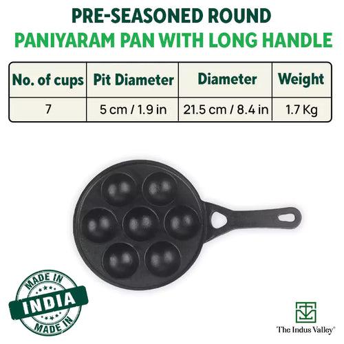 7 Pit/Cup CASTrong Cast Iron Paniyaram/Appe pan+ Free Spatula, Round, Long handle, Pre-seasoned, Nonstick, 100% Pure, Toxin-free, 21.5cm, 1.7kg