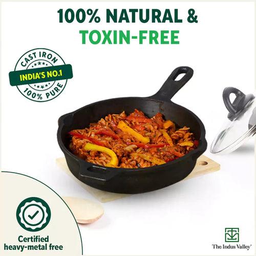 CASTrong Cast Iron Fry Pan/Skillet, Glass Lid, Pre-seasoned, Natural Nonstick, 100% Pure, Induction, 20.3cm, 0.9L, 2.3kg