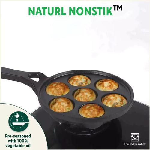 Preseasoned Round Paniyaram/Appe pan with Long handle + Free Spatula, Pre-seasoned, Nonstick, 100% Pure, Toxin-free, 7 Pit, 21.5cm, 1.7kg