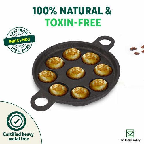 Super Smooth 9 Pit Paniyaram/Appe Pan + Free Spatula, Pre-seasoned, Natural Nonstick, 100% Pure, Toxin-free, 21 cm, 2.8kg