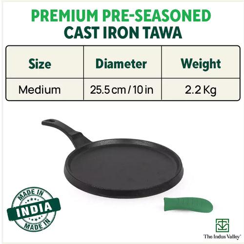 CASTrong Cast Iron Tawa, Silicon Handle,Pre-seasoned, Nonstick, 100% Pure, Toxin-free, Induction, 25.5cm, 2.2kg