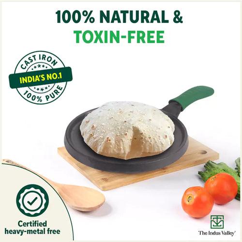 CASTrong Cast Iron Tawa, Silicon Handle,Pre-seasoned, Nonstick, 100% Pure, Toxin-free, Induction, 25.5cm, 2.2kg