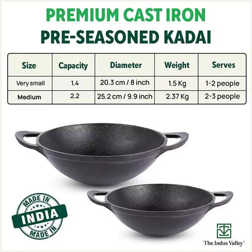 CASTrong Cast Iron Cookware Set - Kadai [1.4L]+Kadai [2.2L],Pre-seasoned,100% Pure,Toxin-free