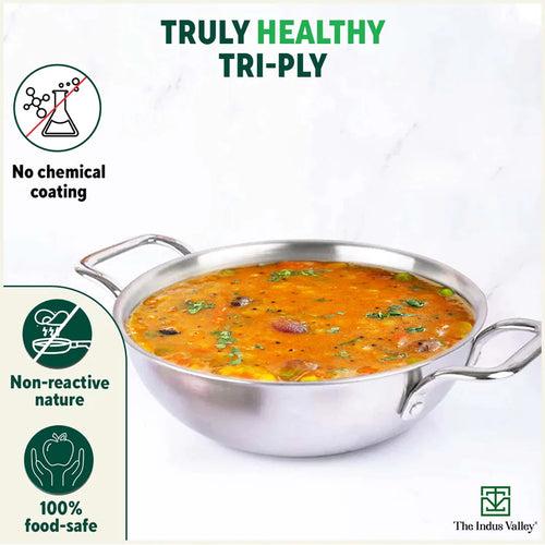 TurboCuk Tri-ply Stainless Steel Kadai with Free ₹110 Spatula, 3 Layer Body, Induction, Non-stick, 1.7/2.7/4L