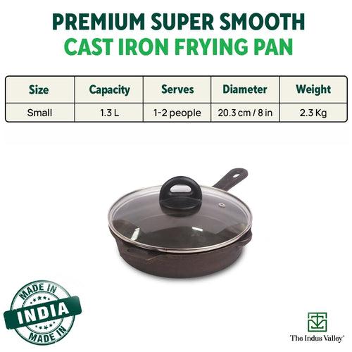 CASTrong Cast Iron Fry Pan/Skillet, Glass Lid, Pre-seasoned, Natural Nonstick, 100% Pure, Induction, 20.3cm, 0.9L, 2.3kg