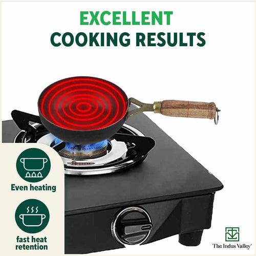 100% Pure Sheet Iron Tadka Pan with Wooden/Silicone Handle, Seasoned, Toxin-free, 0.8/0.43ml