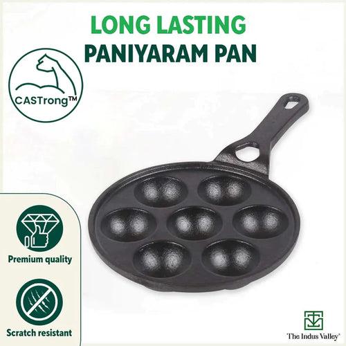 Preseasoned Round Paniyaram/Appe pan with Long handle + Free Spatula, Pre-seasoned, Nonstick, 100% Pure, Toxin-free, 7 Pit, 21.5cm, 1.7kg