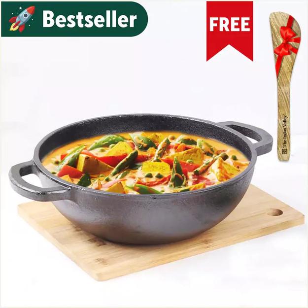 CASTrong Cast Iron Kadai + Free ₹110 Spatula,Pre-seasoned, Nonstick, 100% Pure, Toxin-free, Induction, 25.4 cm, 2.3L, 2.5kg