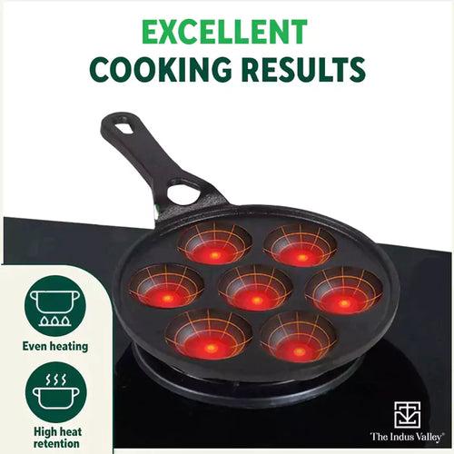 Preseasoned Round Paniyaram/Appe pan with Long handle + Free Spatula, Pre-seasoned, Nonstick, 100% Pure, Toxin-free, 7 Pit, 21.5cm, 1.7kg