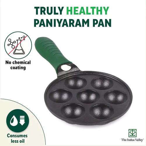 7 Pit/Cup CASTrong Cast Iron Paniyaram/Appe Pan+ Cool Silicone grip, Pre-seasoned, Nonstick, 100% Pure, Toxin-free, 21.5 cm, 1.7 kg