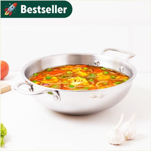 TurboCuk Tri-ply Stainless Steel Kadai, Premium 3 Layer Body, Induction, Non-stick, 1.7/2.7/4L