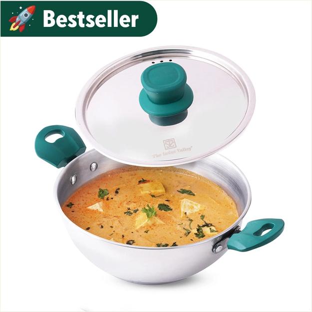 Tri-Steel Stainless Steel Kadai+ Lid, Premium Quality, Tri-ply (3 Layer) Bottom, Soft-touch Handles, 100% Toxin-free, Non-stick, Induction & Gas, 1.6/2.7/3.5/4.6 L, 20.7/22.6/26/29.3 cm