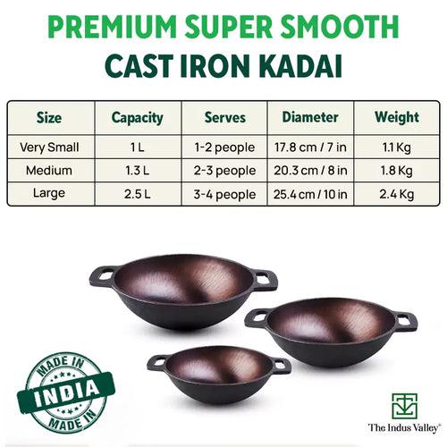 Super Smooth Cast Iron Kadai (Wok Model), Pre-seasoned, Nonstick, 100% Pure, Toxin-free, 17.8/20.3cm, 1/1.3L, 1.1/1.8kg