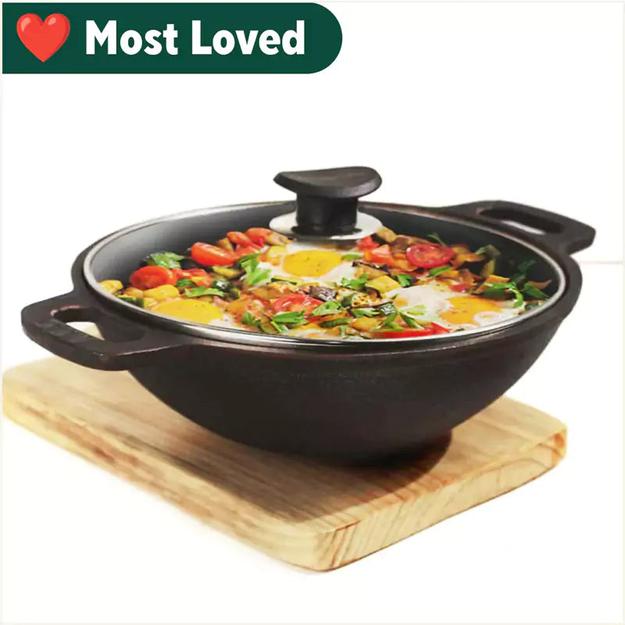 Super Smooth Cast Iron Kadai (Wok)+ Glass Lid, Pre-seasoned, Nonstick, 100% Pure,Toxin-free, 25.4cm, 2.5L, 2.4kg