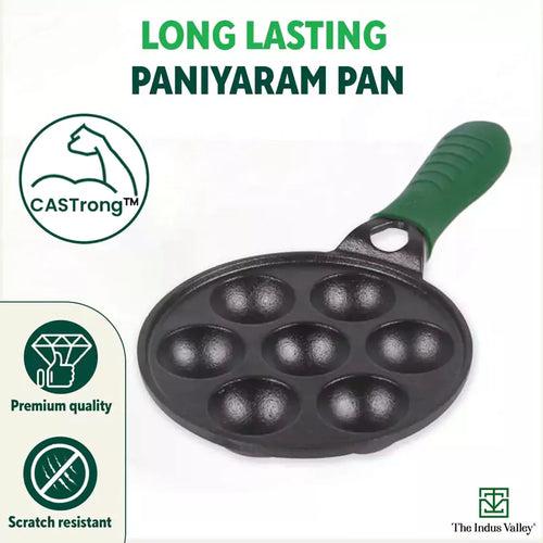 7 Pit/Cup CASTrong Cast Iron Paniyaram/Appe Pan+ Cool Silicone grip, Pre-seasoned, Nonstick, 100% Pure, Toxin-free, 21.5 cm, 1.7 kg