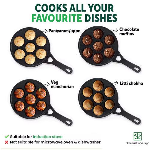 Preseasoned Round Paniyaram/Appe pan with Long handle + Free Spatula, Pre-seasoned, Nonstick, 100% Pure, Toxin-free, 7 Pit, 21.5cm, 1.7kg