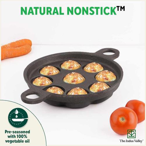 Super Smooth 9 Pit Paniyaram/Appe Pan + Free Spatula, Pre-seasoned, Natural Nonstick, 100% Pure, Toxin-free, 21 cm, 2.8kg