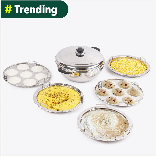 Tri-Steel Premium Stainless Steel Idli/ Dhokla/ Momo Maker/ Multi Pot/ Veg Steaming Set, Tri-ply Induction Bottom, 7 pit, 5 Plates, 4.2L, 2.5kg