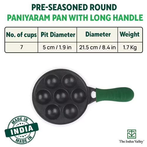 7 Pit/Cup CASTrong Cast Iron Paniyaram/Appe Pan+ Cool Silicone grip, Pre-seasoned, Nonstick, 100% Pure, Toxin-free, 21.5 cm, 1.7 kg