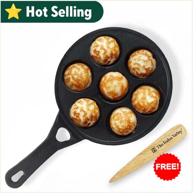 7 Pit/Cup CASTrong Cast Iron Paniyaram/Appe pan+ Free Spatula, Round, Long handle, Pre-seasoned, Nonstick, 100% Pure, Toxin-free, 21.5cm, 1.7kg