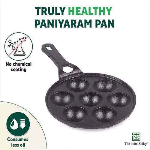 Preseasoned Round Paniyaram/Appe pan with Long handle + Free Spatula, Pre-seasoned, Nonstick, 100% Pure, Toxin-free, 7 Pit, 21.5cm, 1.7kg