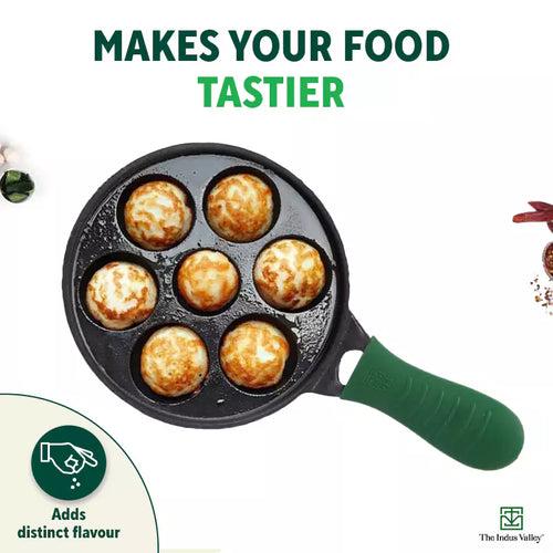 7 Pit/Cup CASTrong Cast Iron Paniyaram/Appe Pan+ Cool Silicone grip, Pre-seasoned, Nonstick, 100% Pure, Toxin-free, 21.5 cm, 1.7 kg