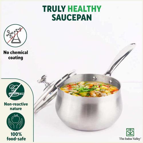 TurboCuk Tri-ply Stainless Steel Saucepan/ Milk/ Tea Pan with Glass Lid, Premium 3 Layer Body, Induction, Non-stick