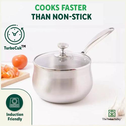 TurboCuk Tri-ply Stainless Steel Saucepan/ Milk/ Tea Pan with Glass Lid, Premium 3 Layer Body, Induction, Non-stick