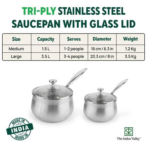 TurboCuk Tri-ply Stainless Steel Saucepan/ Milk/ Tea Pan with Glass Lid, Premium 3 Layer Body, Induction, Non-stick