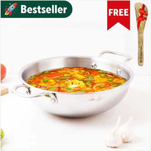 TurboCuk Tri-ply Stainless Steel Kadai with Free ₹110 Spatula, 3 Layer Body, Induction, Non-stick, 1.7/2.7/4L