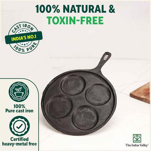 CASTrong Cast Iron Uttapam/ Set Dosa Tawa, 4 Pit,Pre-seasoned, 100% Pure, Toxin-free, Induction, 27.5cm