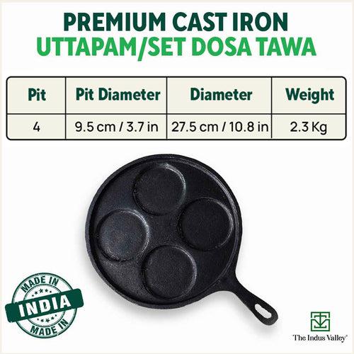 CASTrong Cast Iron Uttapam/ Set Dosa Tawa, 4 Pit,Pre-seasoned, 100% Pure, Toxin-free, Induction, 27.5cm