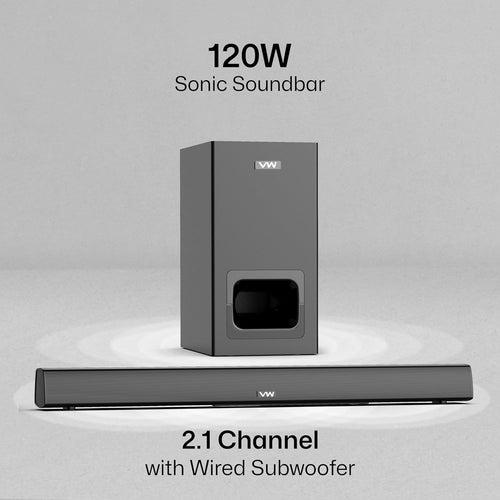 VW Sonic Bar | 120W Soundbar | 2.1 Channel Home Theatre | 5.25” Wired Subwoofer | Multiple Connectivity & Sleek Design (Black)