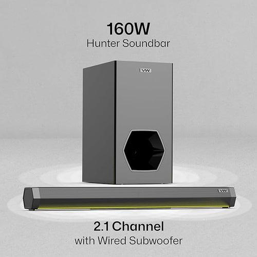 VW Hunter Bar | 160W Soundbar | 2.1 Channel Home Theatre | Deep Bass from 6.5” Subwoofer | Multiple Connectivity | 4 EQ Modes | Sleek Remote & LED Light (Black)