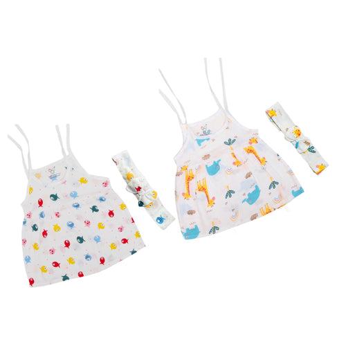 Muslin Frock Jabla With Bow - Pack of 2 - Jungle & Fish