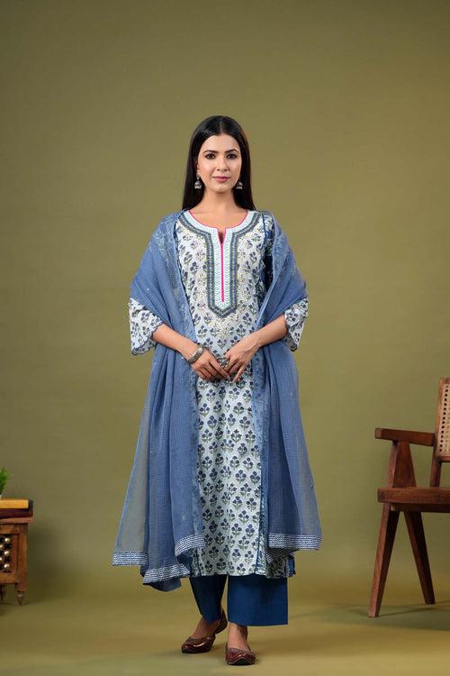 Sky Blue Kotadoriya Dupatta With Mirror Embroidery