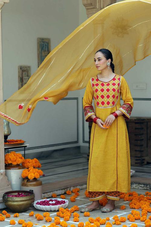 Mustard Yellow Kotadoriya Dupatta With Applique Work