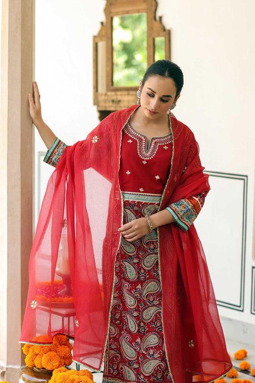 Red Kotadoriya Dupatta With Gota Work